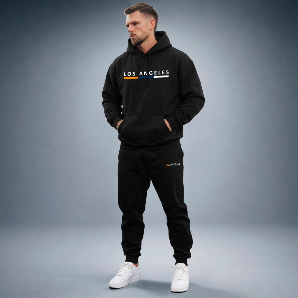 Kit Conjunto Moletom Los Angeles Calça Jogger Blusa Canguru Capuz Bolso Algodão Flanelado Quentinho
