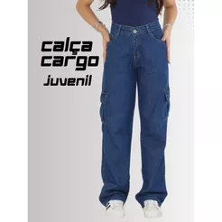 Calça Cargo Juvenil Feminina Wide Leg 10 ao 16 100% Algodão Cintura Alta Casual Moderna Passeio