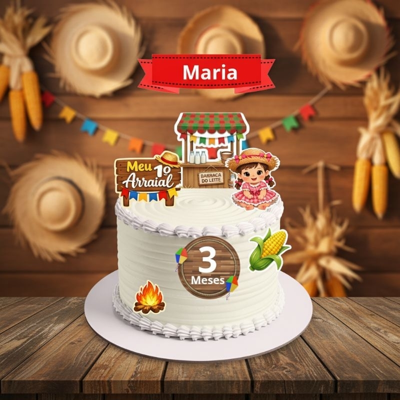 Topo de Bolo Festa Junina Personalizado Bebê Mesversário Nome e Idade Arraiá 180g