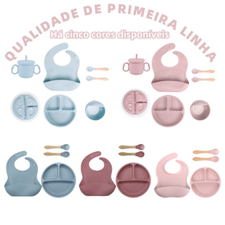 Talheres Bebê Silicone 4/6 Peças Kit Talheres Infantil Com Ventosa Canudo Colher Babador Garfo em Oferta na Shopee