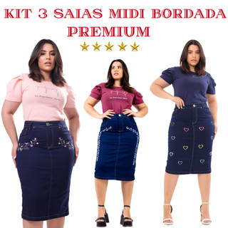 Kit 3 Saia Midi Bordada,Saias Bordadas,Saias Evangelica,Saias Midi Na Cor Azul Marinho
