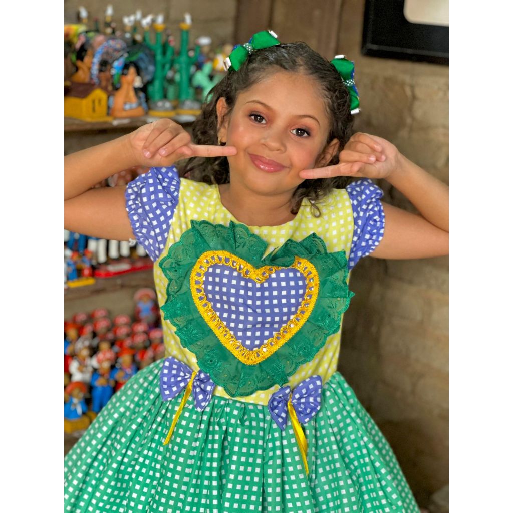 •	Vestido Caipira Verde e Amarelo Infantil 💚 Festa Junina Brasil Luxo ( SOB ENCOMENDA ) Não ACOMPANHA LAÇO DO CABELO