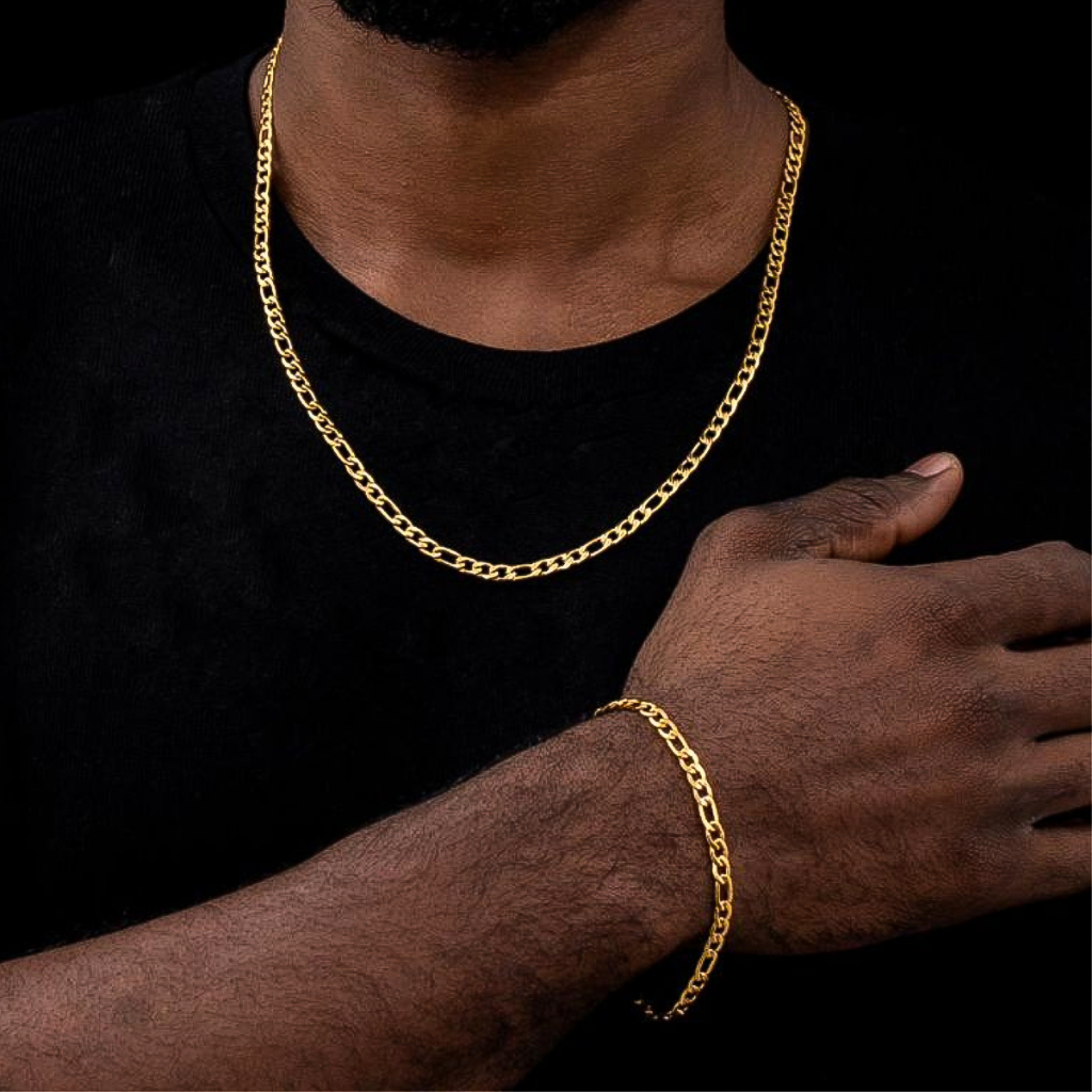 Conjunto Masculino Corrente 60cm e Pulseira 20cm Figaro 3x1 Dourado