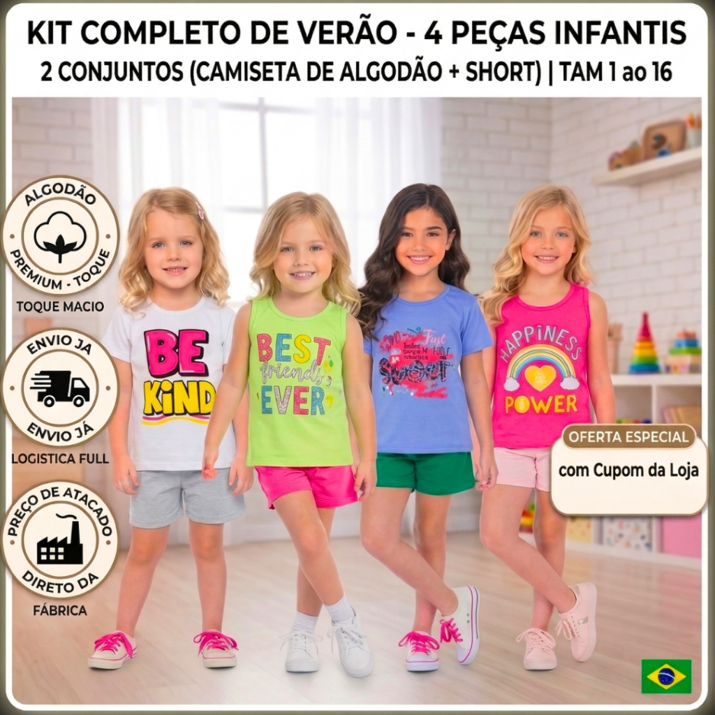 Kit 4 Peças Infantil Menina Conjunto Verão Atacado Promoção Roupa de Criança Escolar Dia a Dia Barato 1 ao 16 anos