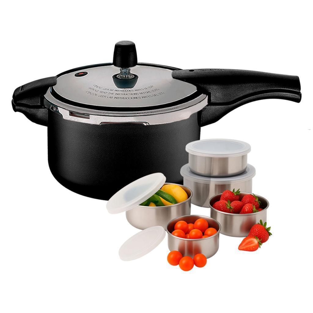 Panela de Pressão Tramontina Vancouver 6 Litros Preta 24cm com Jogo de 5 Potes em Aço Inox em Oferta na Shopee