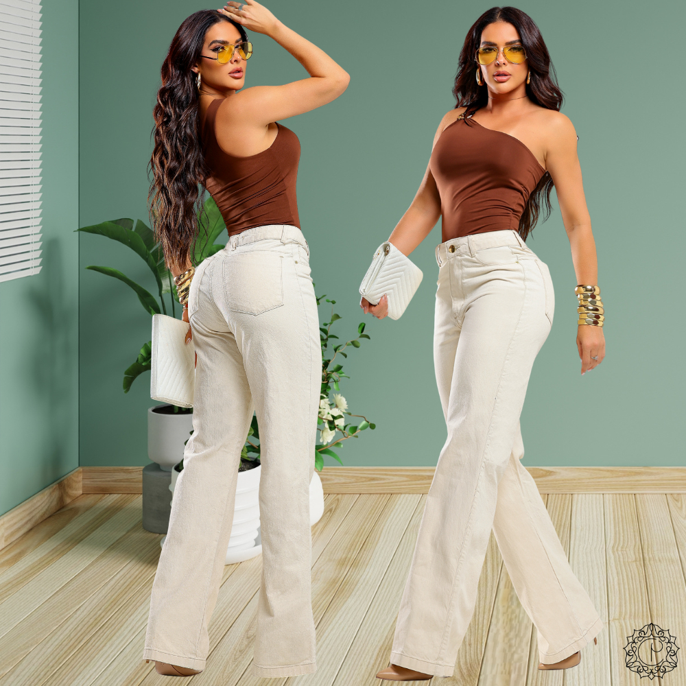 Calça Feminina Wide Leg Areia Padilha jeans100% algodão Cintura Alta Levanta Bumbum Perfeita
