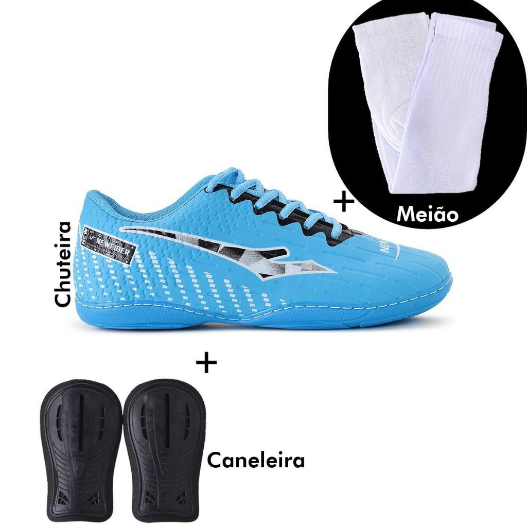 new fiber chuteira futsal quadra de cimento sola colada e costurada kit completo meiao+ caneleira + chuteira
