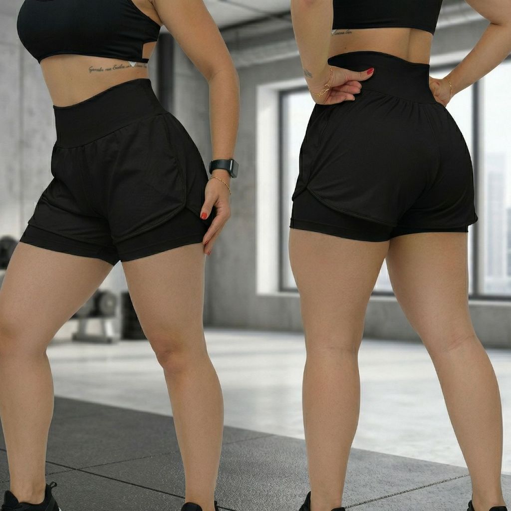 Short Duplo Fitness Academia Feminino Short Treino Caminhada Short 2 em 1 Corrida