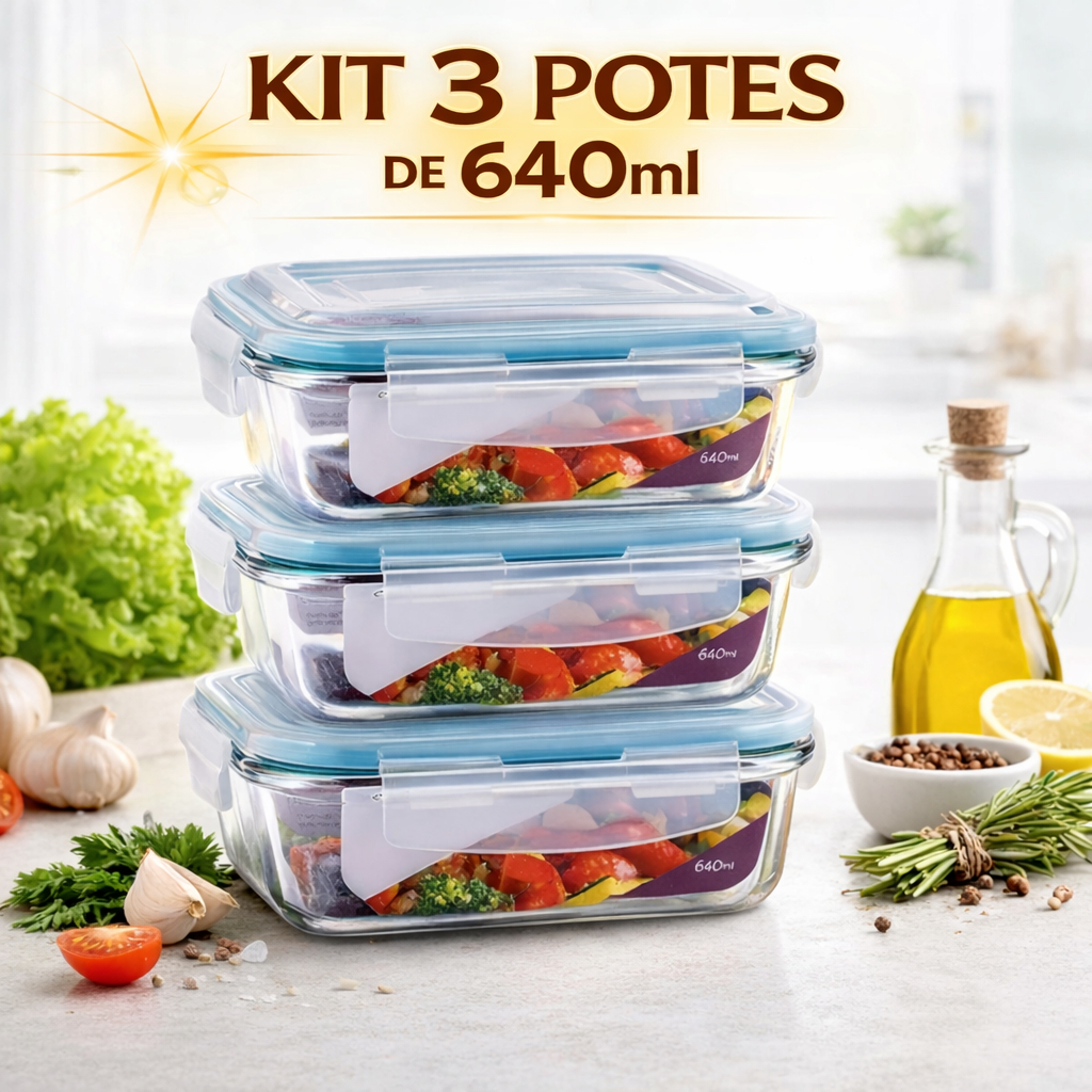 Kit 03 Pote 640ml Vidro Hermético Marmita Mantimentos Tampa