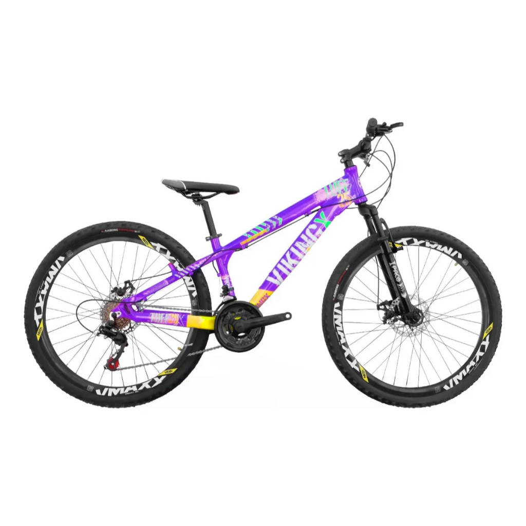 Bicicleta VikingX lilas com amarelo cambio 21V aro Vmaxx pro grau