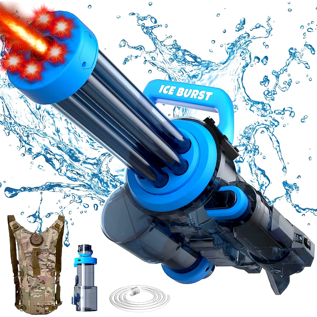 Super Arma Minigun De Água Elétrica Led Bateria Recarregável Azul Brinquedo Para Criança Leve