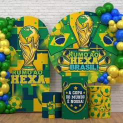 Kit Painel Copa Futebol + Capa Cilindro Decoração Brasil Hexa Sublimado Em Tecido Veste Fácil