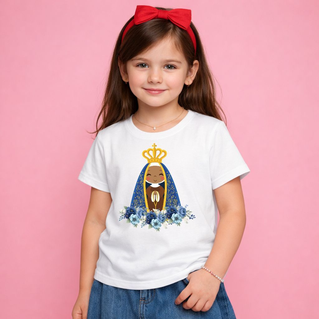 Camiseta Infantil Catolica Unissex Menina e Menino Em algodão Estampa Nossa Senhora