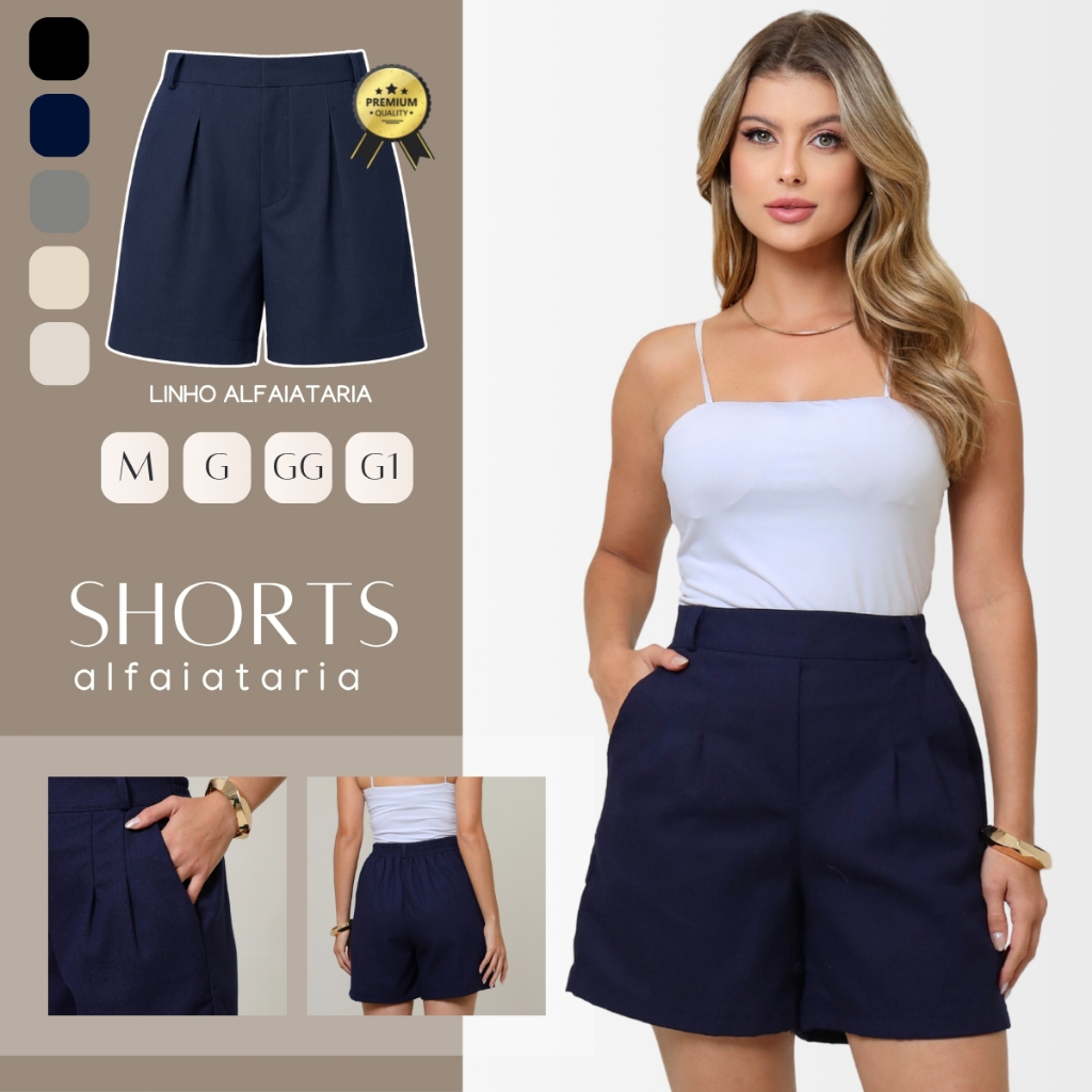 Shorts Feminino Alfaiataria Linho Premium Cintura Alta Cós Elástico Com Bolso Social M ao G1
