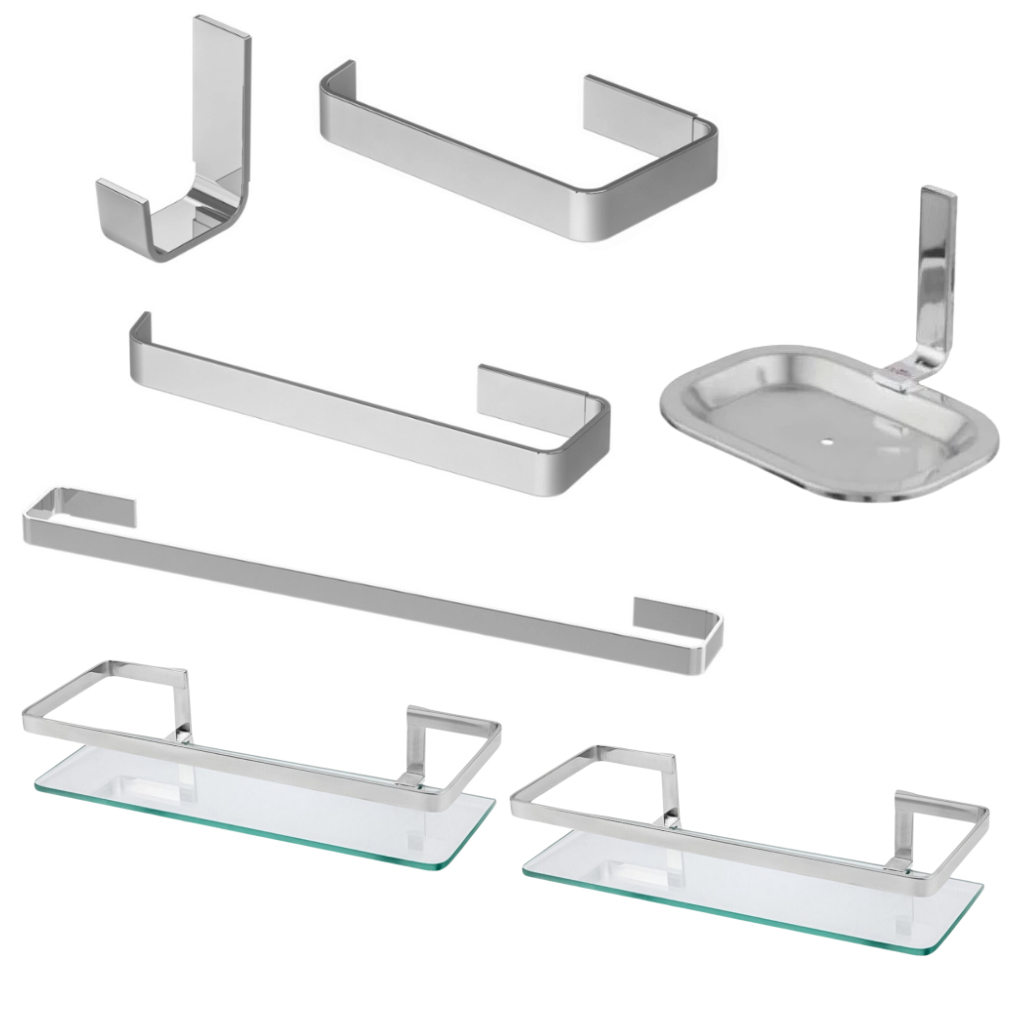 Kit Acessórios Banheiro Inox 7 Peças Quadrado Cromado Completo Anti Ferrugem