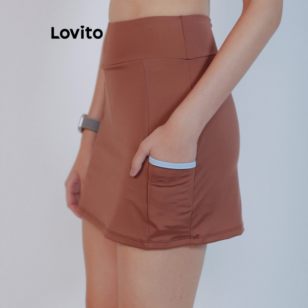 Lovito Short Saia Esportiva Cintura Alta com Bolso Funcional e Detalhe cor Contrastante OSB16651695
