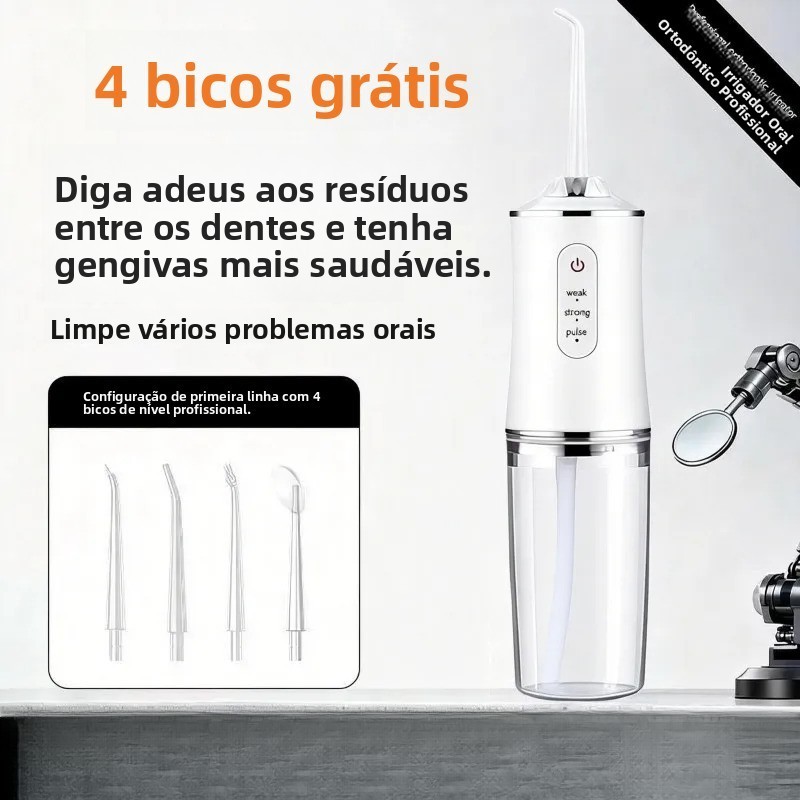 Acompanha 4 bicos - Irrigador bucal portátil recarregável de 230 ml, higienizador bucal e limpador de dentes