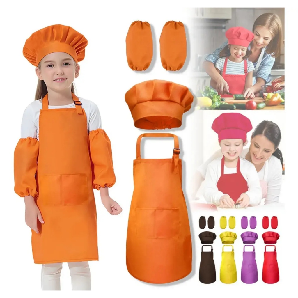 Avental Infantil Kit 3 (Avental+Mangas+Chapéu) 65x46cm, 4 Cores, para Pintura Artesanal e Padaria