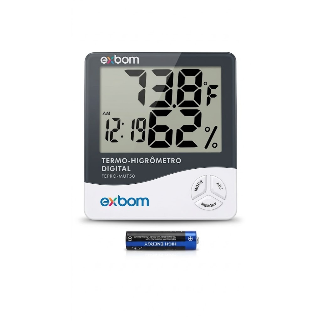 Termo-Higrômetro Digital FEPRO-MUT50 Exbom Medidor de Temperatura e Umidade com Relógio LCD