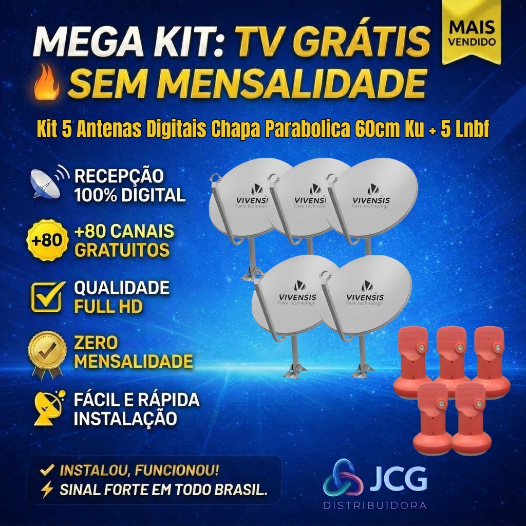 Kit 5 Antenas Digitais Chapa Parabolica 60cm Ku + 5 Lnbf