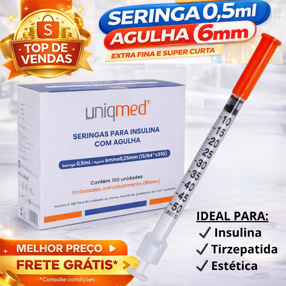 Seringa Insulina 0,5ML x Agulha 6mmx0,25mm 31G - 50ui - Toxina Botox, Hormônio, Insulina etc Uniqmed