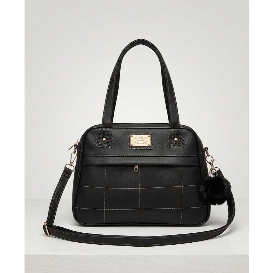 Bolsa Feminina Media 2 Divisorias Com Alça Extra Transversal Regulavel + Chaveiro Pompom Luxo