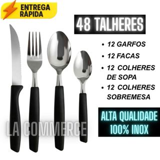Kit 24/48/72/96 Talheres Preto Inox Premium Cabo Plástico Faca Garfo Colher Colher Sobremesa/Cha em Oferta na Shopee