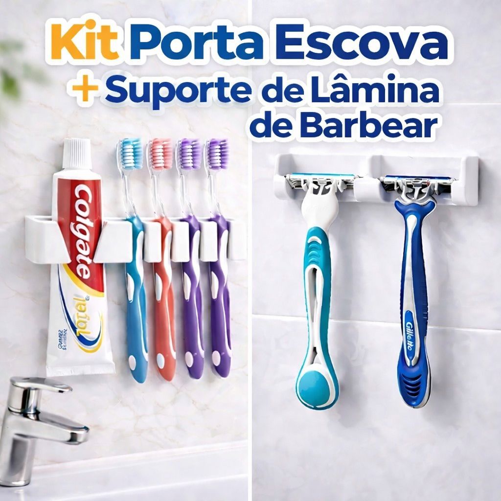 Kit Porta Escova de Dente + Suporte Lâmina de Barbear Autoadesivo Organizador Banheiro Sem Furo