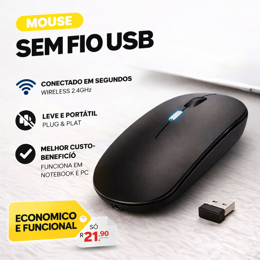 🖱️ Mouse Sem Fio Wireless  RGB 2.4GHz USB Óptico Notebook PC Slim Portátil