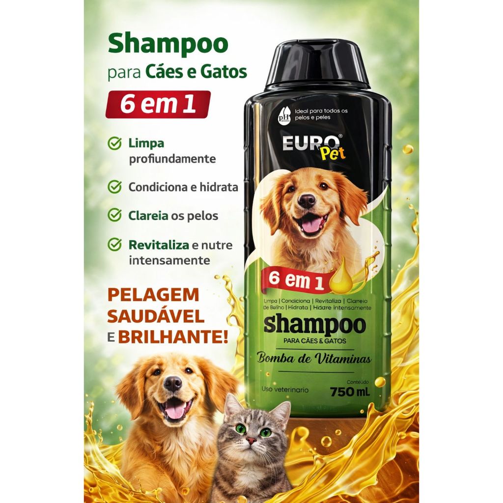 Shampoo Premium Europet 6 em 1 Bomba de Vitaminas para Cães e Gatos 750ml