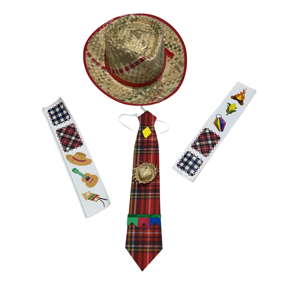 Kit Festa Junina Infantil Completo – Chapéu + Gravata + Adesivos Envio Já