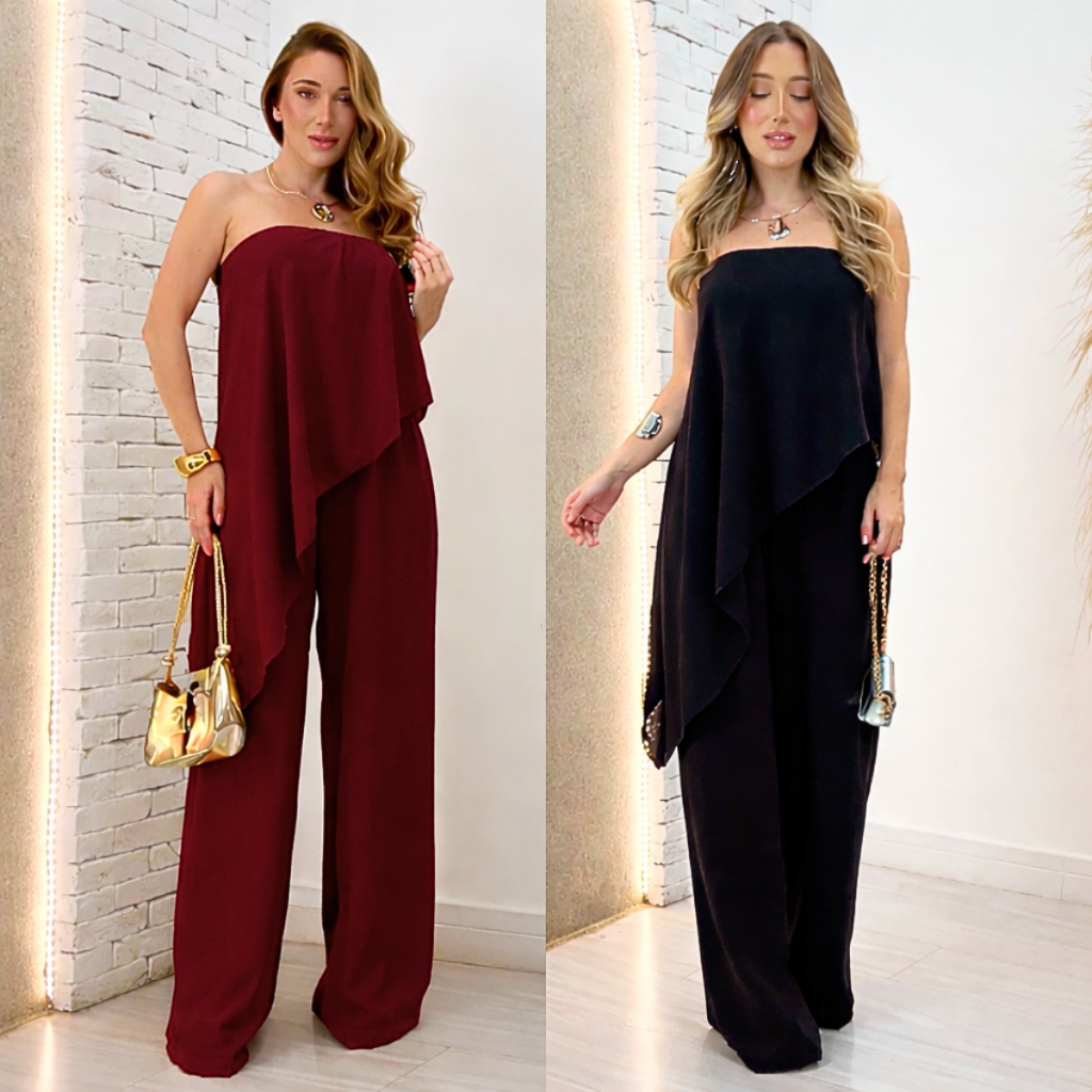 Macacão Feminino Assimétrico Pantalona Longo Duna Tomara que caia M G Elegante Social Alfaiataria Moda Mulher Verão