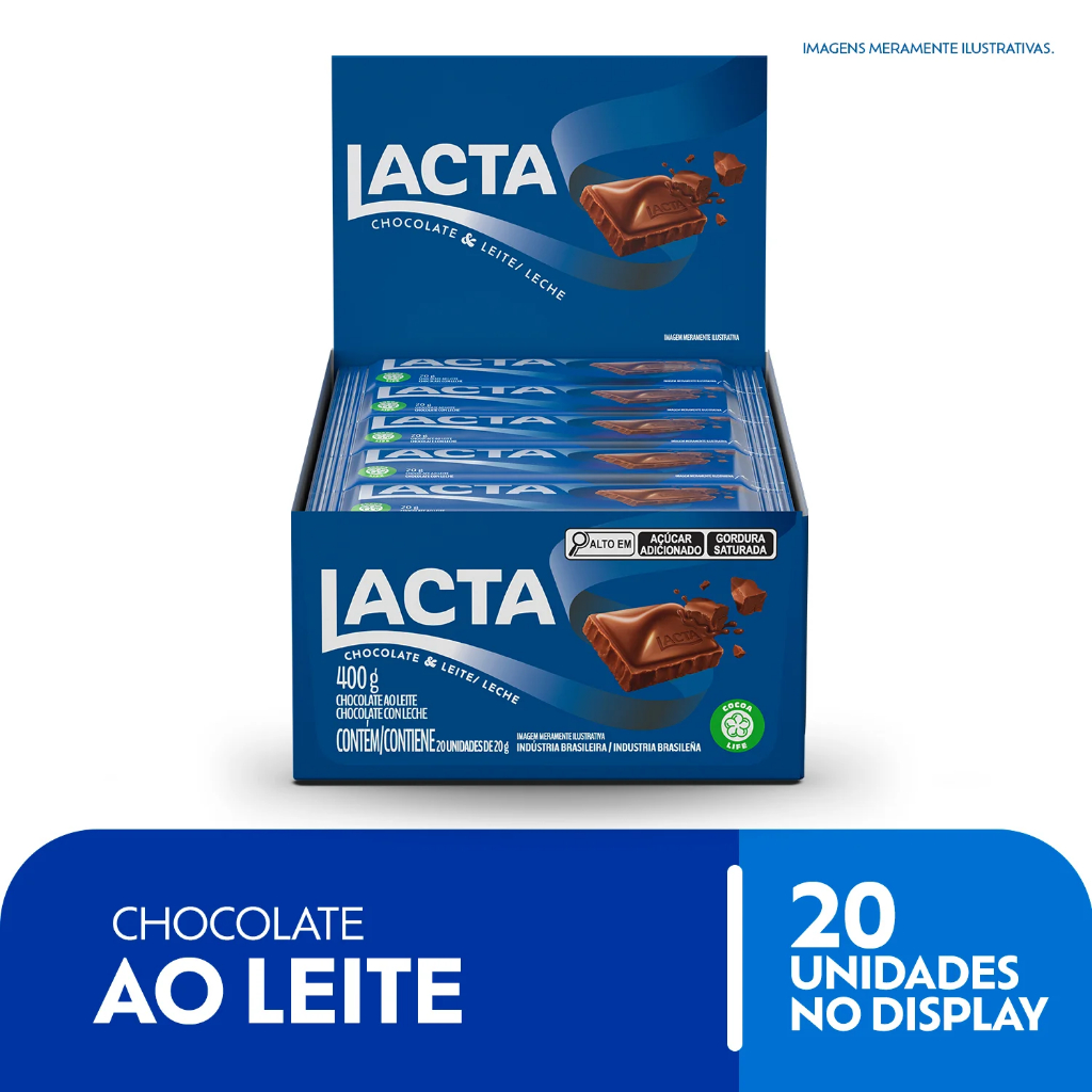 Chocolate Lacta ao Leite 20g c/20 unidades - 400g total em Oferta na Shopee