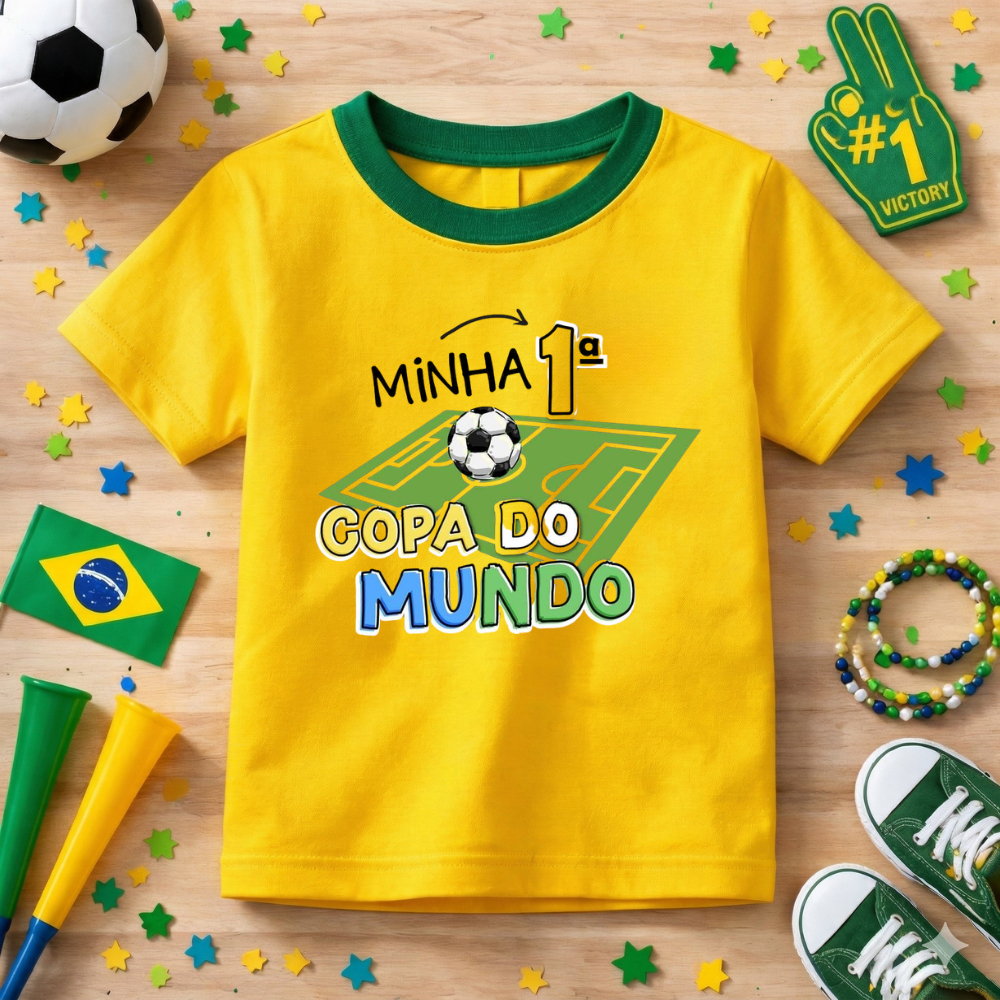 Camiseta Infantil Menino Brasil Minha Primeira Copa Do Mundo Algodão Macio Lançamento Crianças