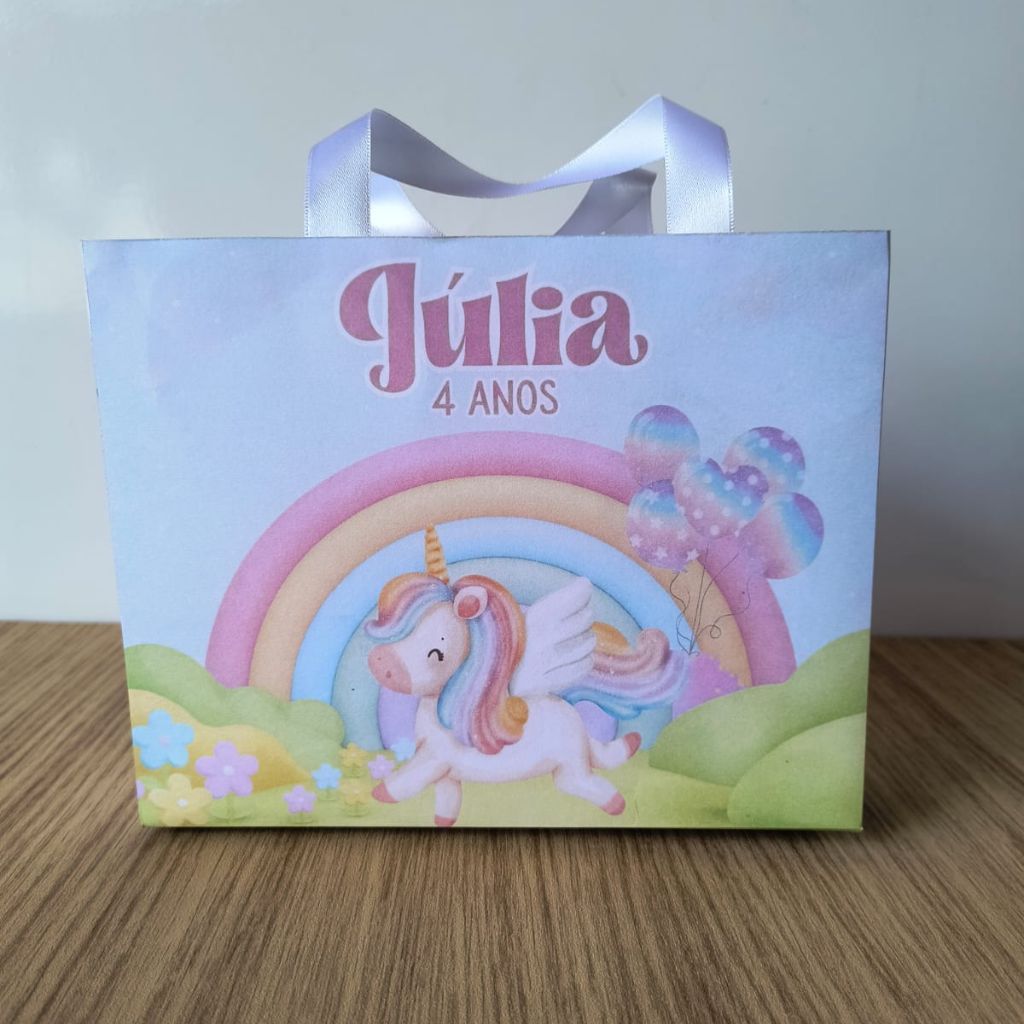 Sacolinha Unicórnio Luxo Personalizada com Nome e Idade | Lembrancinha Infantil Pegue e Monte com Alça
