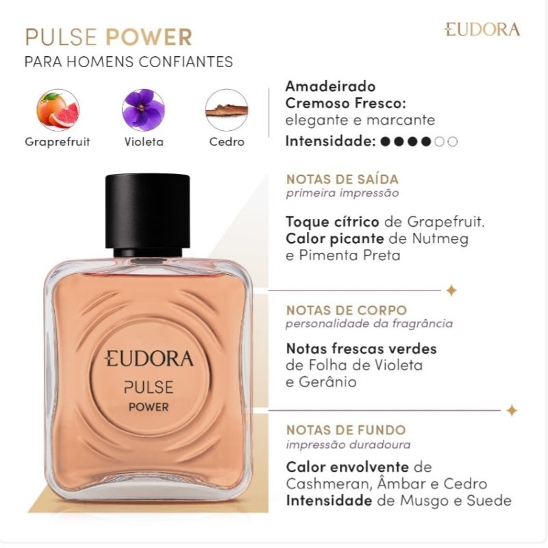Perfume Colônia Masculino Eudora Pulse Power 100ml Validade 03/29.