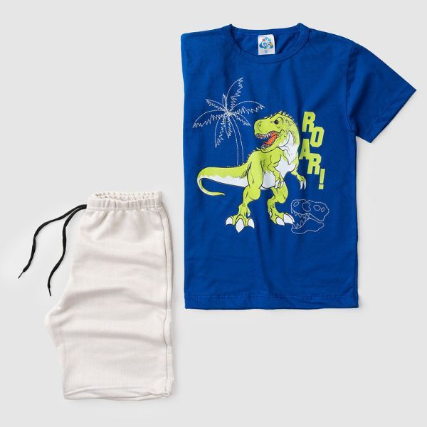 Conjunto Infantil Juvenil Verão para Menino Camiseta  Meia Malha Dinossauro Bermuda Moletinho Confortável
