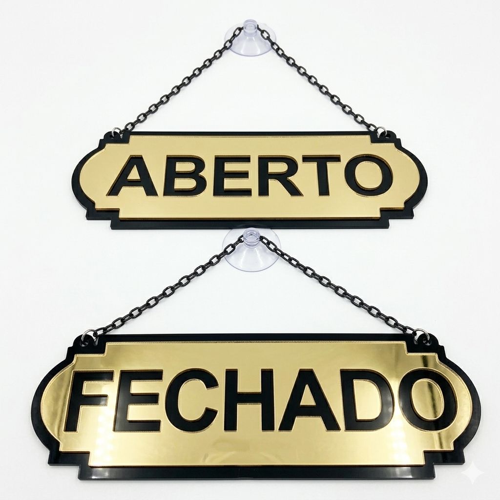 Placa Aberto e Fechado em Acrilico espelhado Dourada Premium Com ventosa (Frente e Verso)