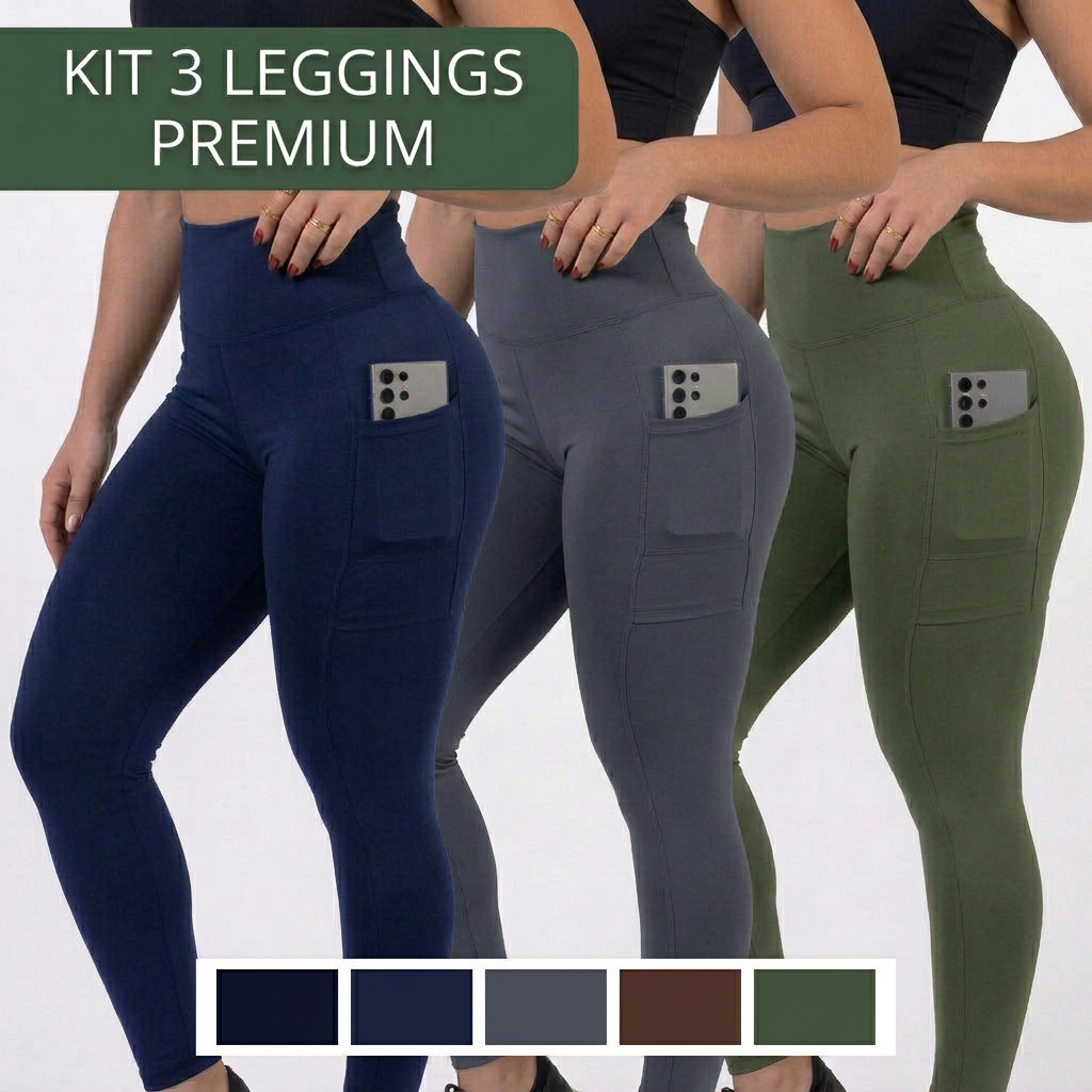 KIT 3 Calças (LINHA PREMIUM) Legging Cós Alto, Bolso, Costura Reforçada, Tecido Premium.