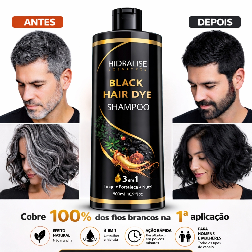 Shampoo Preto Black Tonalizante  Anti-Queda, auxilia escurecimento gradual dos fios brancos/grisalhos sem amônea.