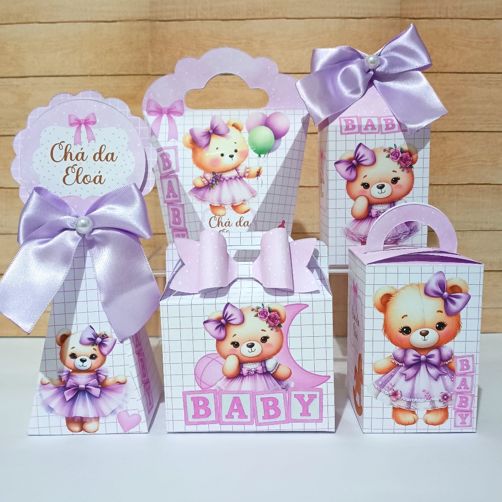 kit festa Chá de Bebê Personalizado Ursinha Lilás Menina - Caixinhas personalizadas Lembrancinhas para Aniversário