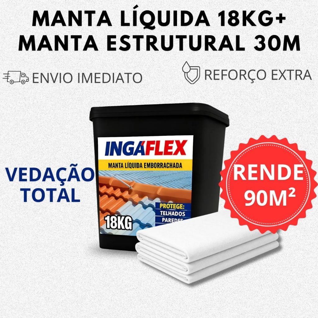 Manta Líquida Emborrachada 18kg + Manta Estrutural 30m VP50 Impermeabilizante  Anti Infiltração