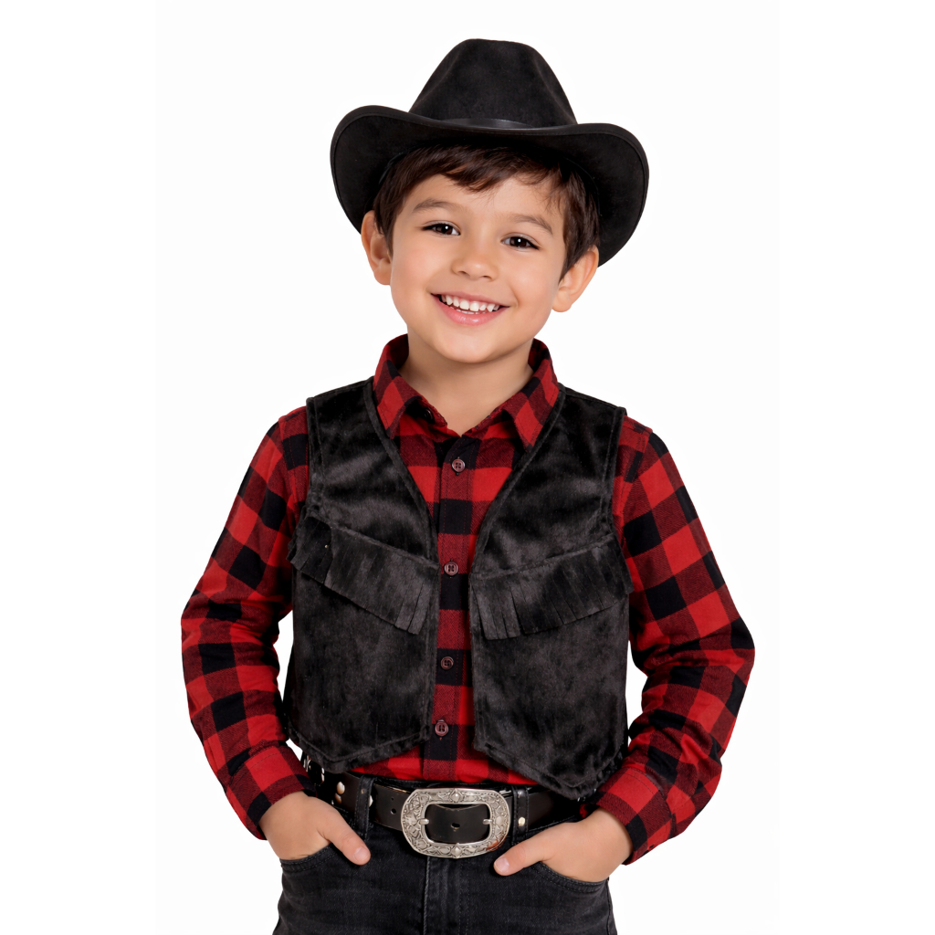 Kit Infantil Estilo Cowboy Preto – Chapéu + Colete com Franja