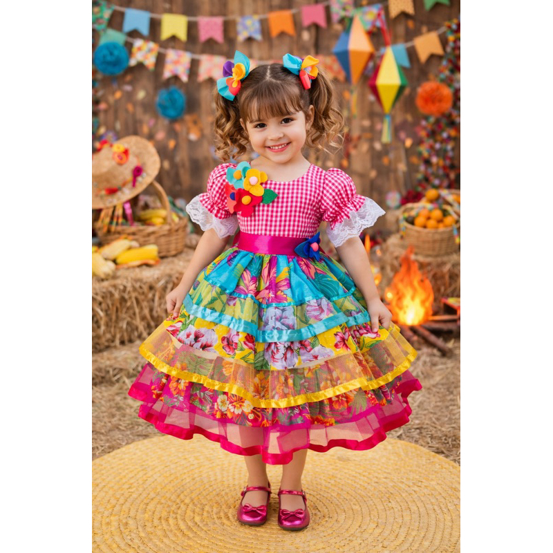 Vestido Junino Luxo Caipira Xadrez Quadriculado Laços Fantasia Festa Arraiá São João