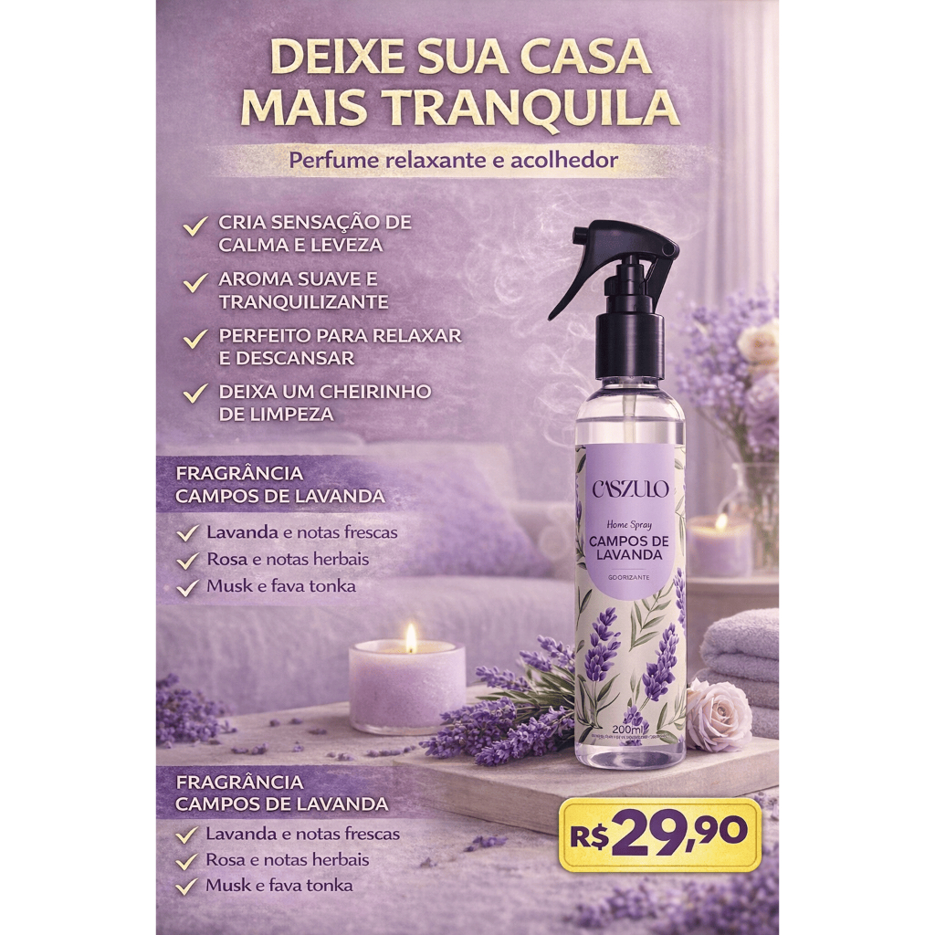 Imagem HOME SPRAY CAMPOS DE LAVANDA CASZULO 200ML | AROMATIZADOR DE AMBIENTE, CHEIRO DE CASA LIMPA, PERFUME RELAXANTE