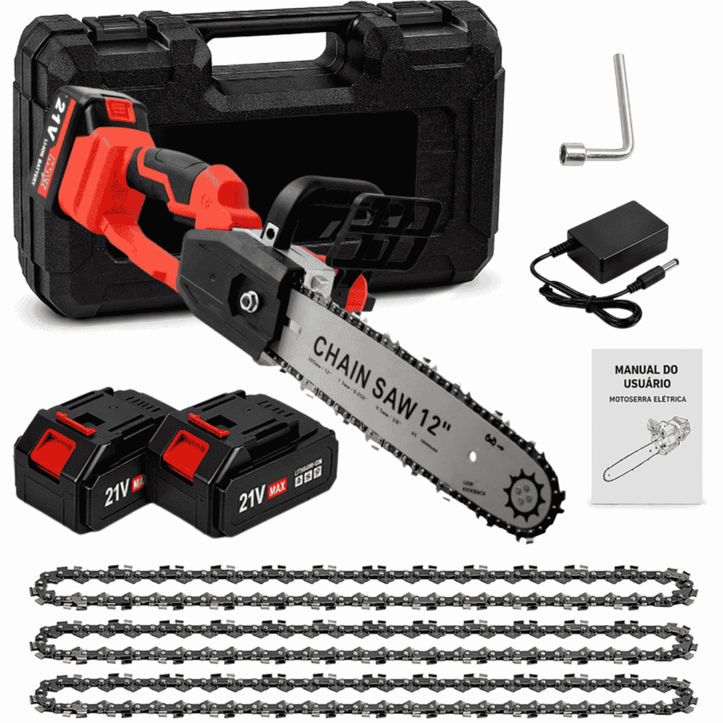 Moto Serra Elétrica 1200W 12 Polegadas Com Duas Baterias E 3 Correntes Completa Super Forte