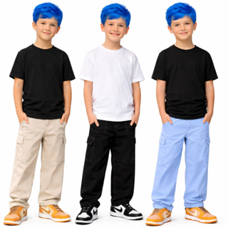 Calça Infantil Cargo Sarja Menino Menina Juvenil Tamanhos Do 2 ao 16 Com bolsos laterais Premium  Elástico e Cordão em Oferta na Shopee