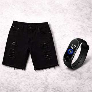 Bermuda Masculina Jogador Rasgada Preta + Relogio Masculino Digital Led Pode Molhar