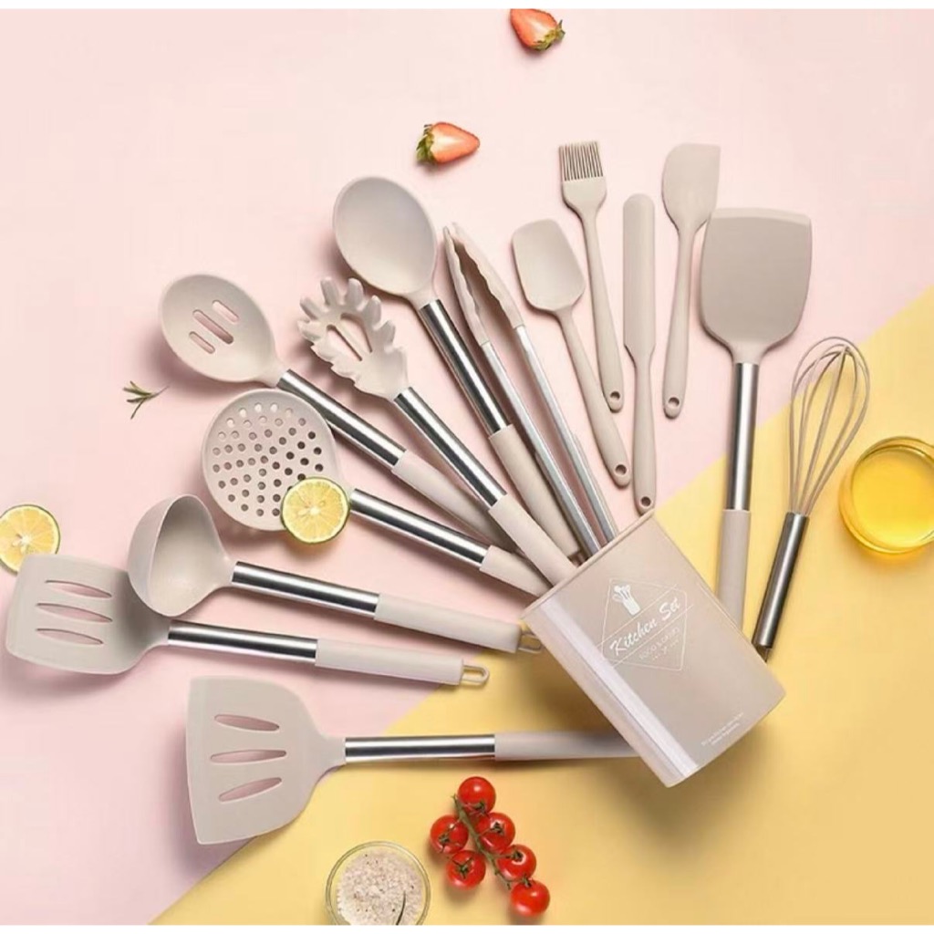 Kit de Utensílios para Cozinha 12 peças em Silicone Jogo de Cozinha Cabo de Madeira Livre BPA em Oferta na Shopee
