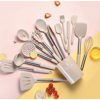 Kit de Utensílios para Cozinha 12 peças em Silicone Jogo de Cozinha Cabo de Madeira Livre BPA em Oferta na Shopee